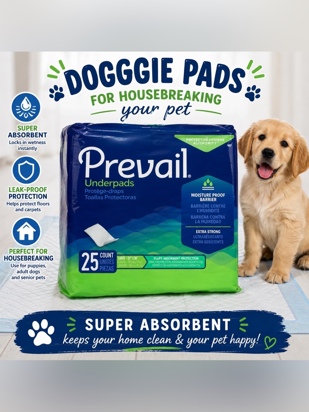 Prevail Dog Housebreaking Pads. Super Absorbent to Keep your Floor Clean